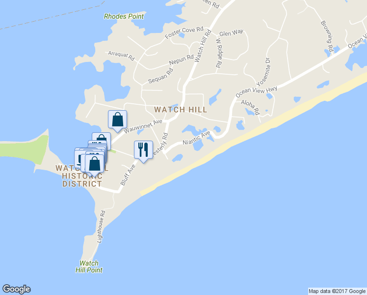 map of restaurants, bars, coffee shops, grocery stores, and more near 7 Niantic Avenue in Westerly
