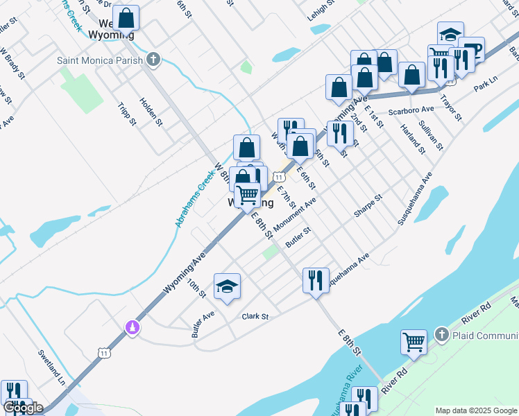 map of restaurants, bars, coffee shops, grocery stores, and more near 312 Wyoming Avenue in Wyoming