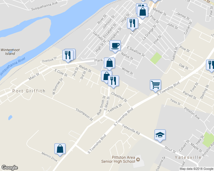 map of restaurants, bars, coffee shops, grocery stores, and more near 403 South Main Street in Pittston