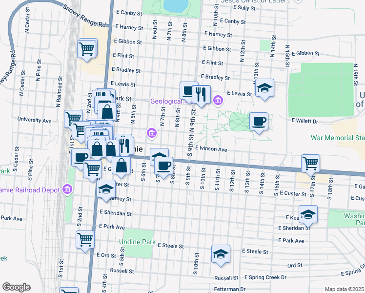map of restaurants, bars, coffee shops, grocery stores, and more near East Ivinson Avenue in Laramie