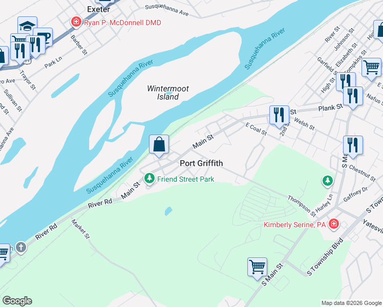 map of restaurants, bars, coffee shops, grocery stores, and more near 1283-1291 Main Street in Luzerne County