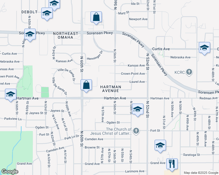map of restaurants, bars, coffee shops, grocery stores, and more near 5618 Himebaugh Avenue in Omaha