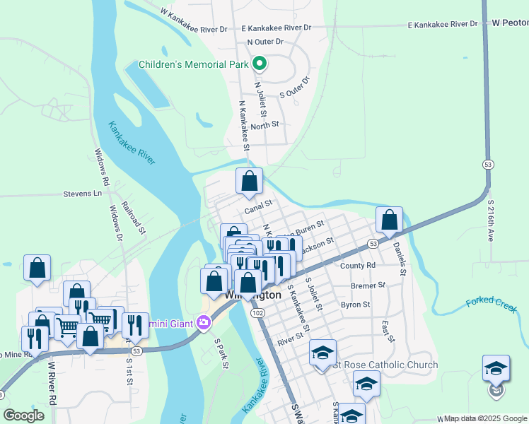 map of restaurants, bars, coffee shops, grocery stores, and more near 413 North Kankakee Street in Wilmington