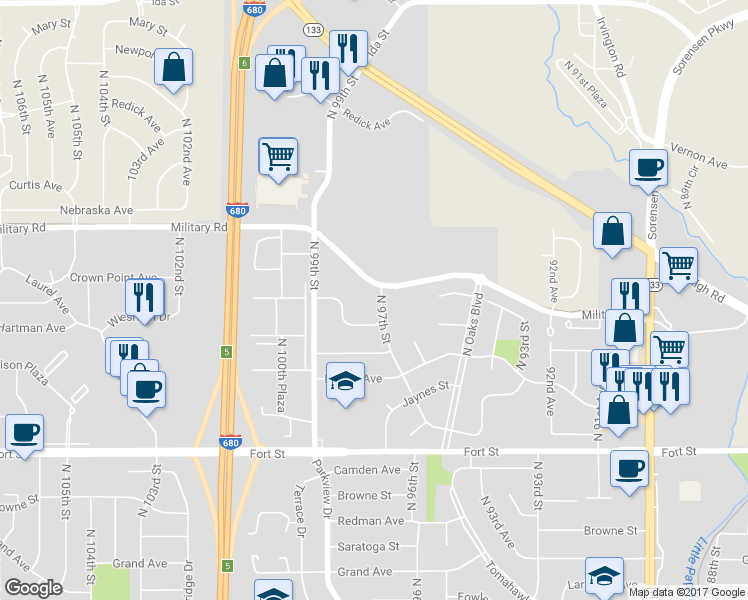 map of restaurants, bars, coffee shops, grocery stores, and more near 5818 North 97th Street in Omaha