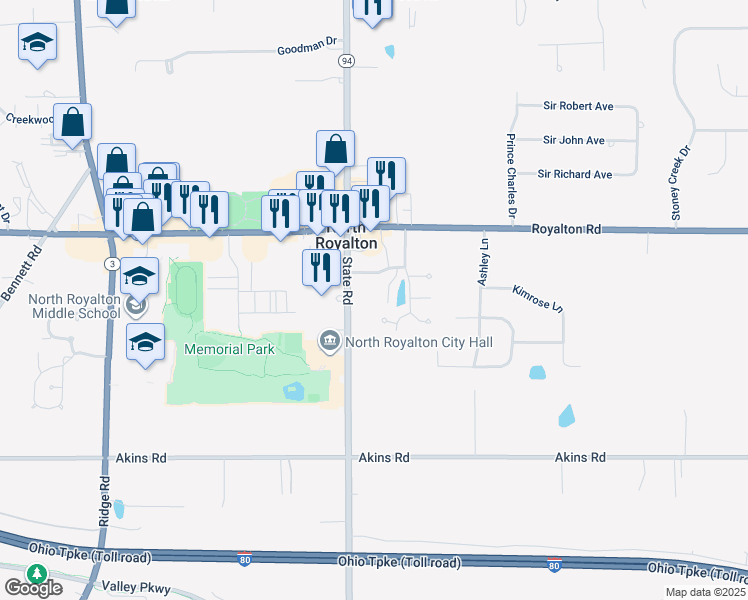 map of restaurants, bars, coffee shops, grocery stores, and more near 14277 State Road in North Royalton