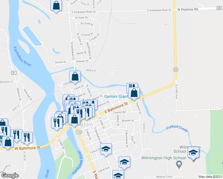 map of restaurants, bars, coffee shops, grocery stores, and more near 602 Van Buren Street in Wilmington