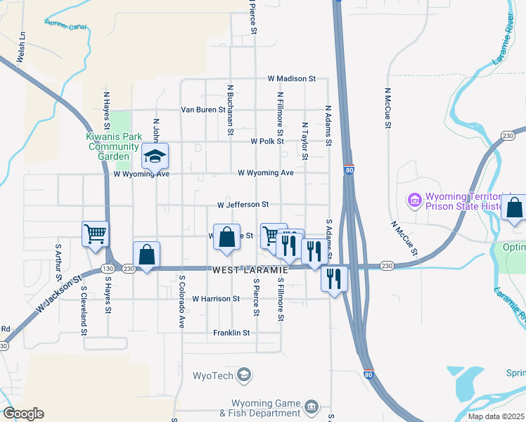 map of restaurants, bars, coffee shops, grocery stores, and more near 209 South Pierce Street in Laramie