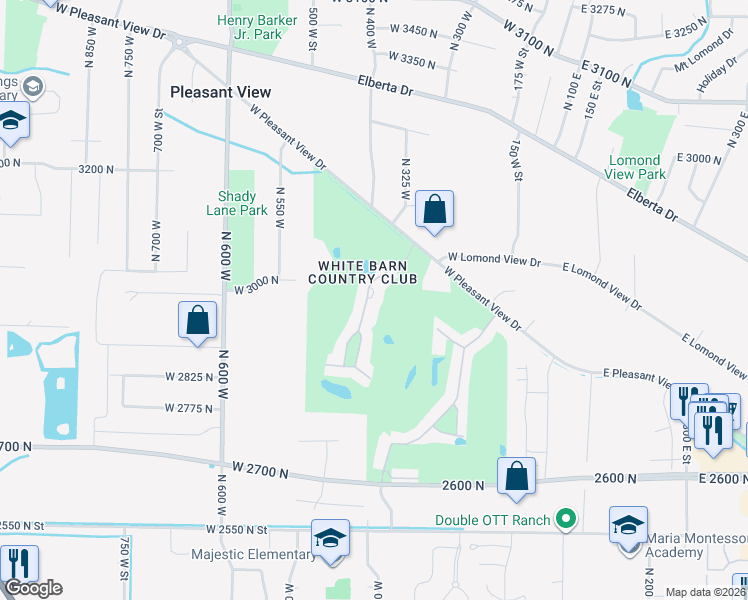 map of restaurants, bars, coffee shops, grocery stores, and more near 33 White Barn Drive in Ogden