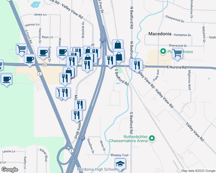 map of restaurants, bars, coffee shops, grocery stores, and more near 20 Girl Scout Way in Macedonia