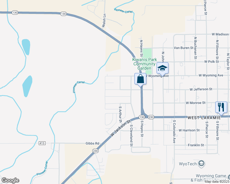 map of restaurants, bars, coffee shops, grocery stores, and more near 2592-2698 West Jefferson Street in Laramie