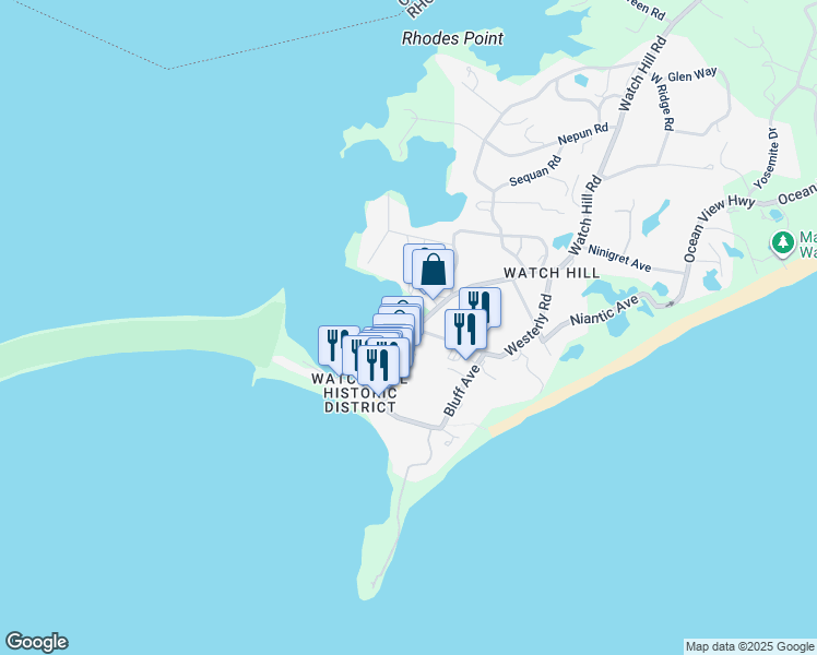 map of restaurants, bars, coffee shops, grocery stores, and more near 39 Bay Street in Westerly