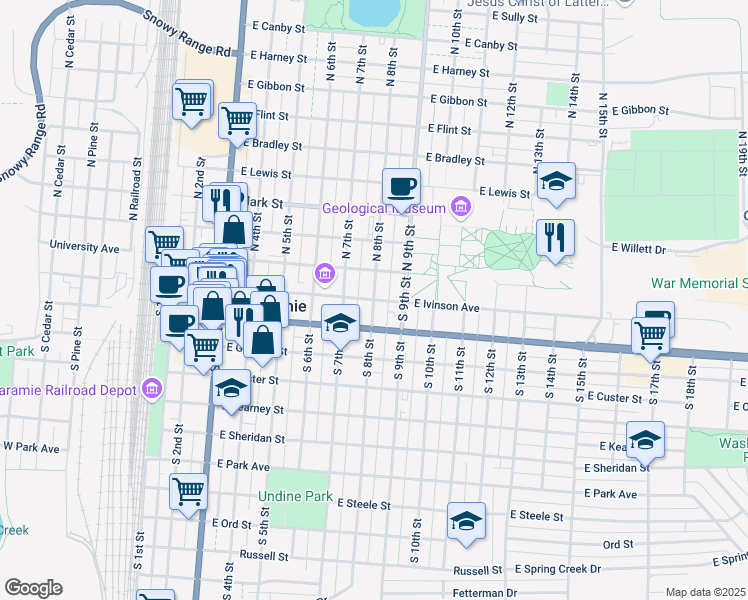 map of restaurants, bars, coffee shops, grocery stores, and more near East Ivinson Avenue in Laramie