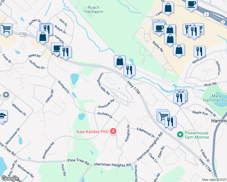 map of restaurants, bars, coffee shops, grocery stores, and more near 21 Lexington Hills Road in Harriman