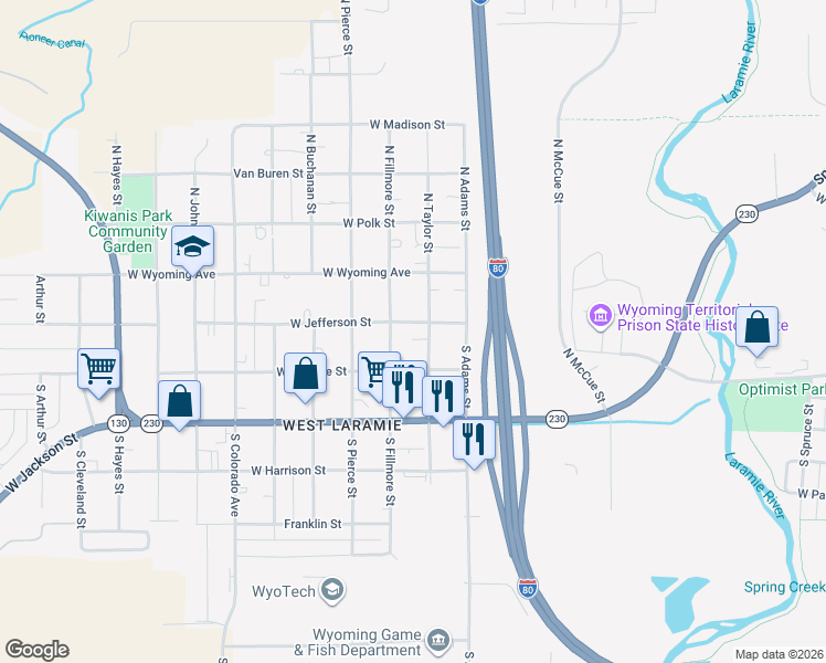 map of restaurants, bars, coffee shops, grocery stores, and more near 213 South Fillmore Street in Laramie