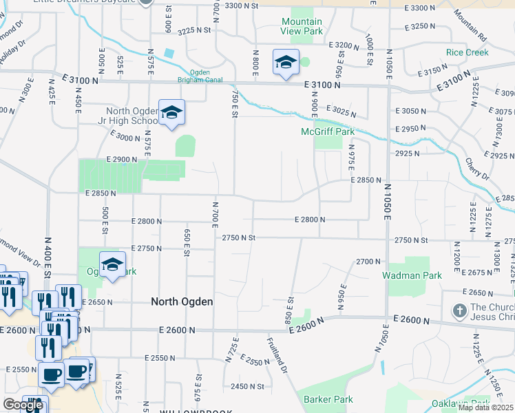 map of restaurants, bars, coffee shops, grocery stores, and more near 2840 North 800 East in North Ogden