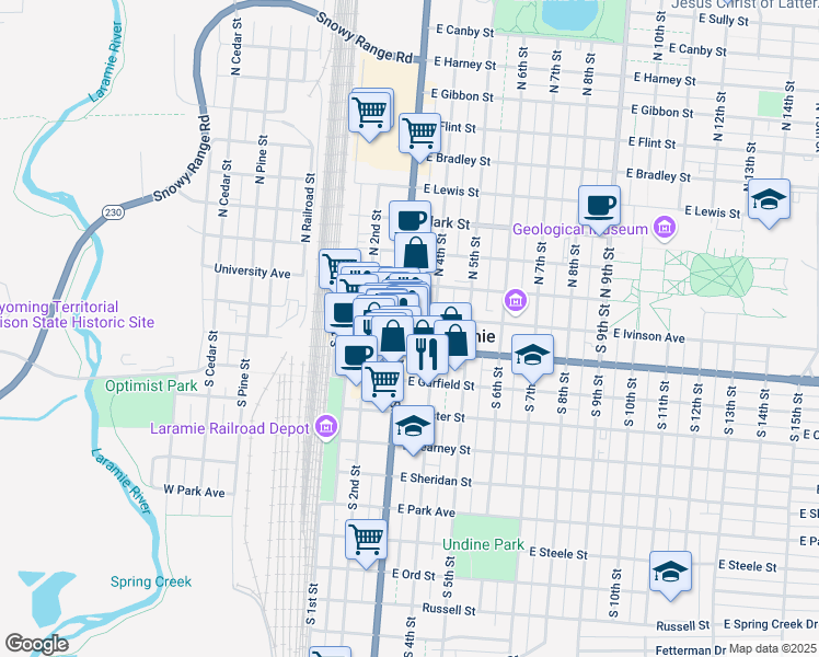 map of restaurants, bars, coffee shops, grocery stores, and more near in Laramie