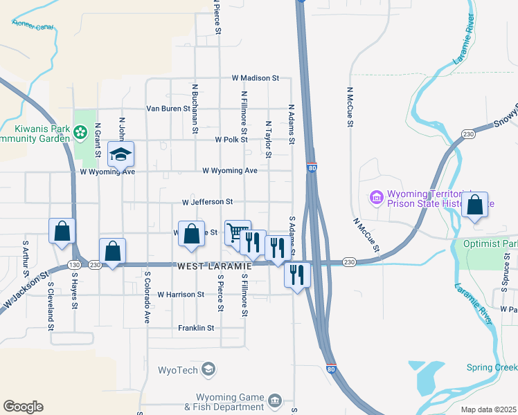 map of restaurants, bars, coffee shops, grocery stores, and more near 213 South Fillmore Street in Laramie