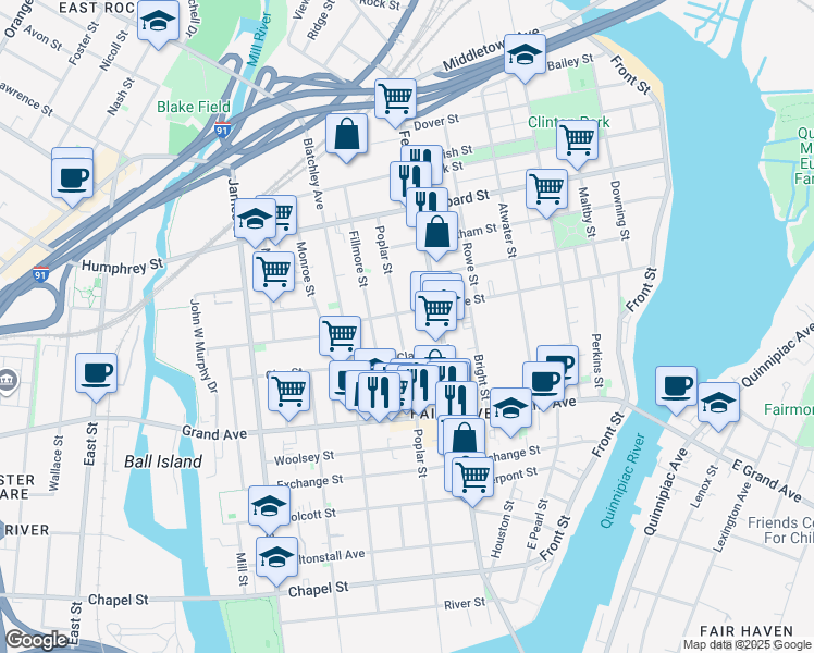 map of restaurants, bars, coffee shops, grocery stores, and more near 349 Poplar Street in New Haven