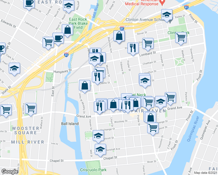 map of restaurants, bars, coffee shops, grocery stores, and more near 23 Market Street in New Haven