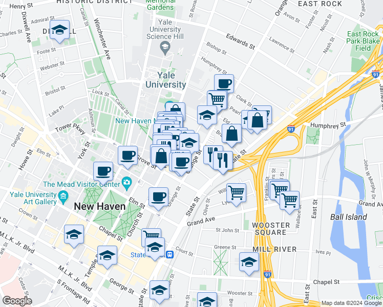 map of restaurants, bars, coffee shops, grocery stores, and more near 405 Orange Street in New Haven