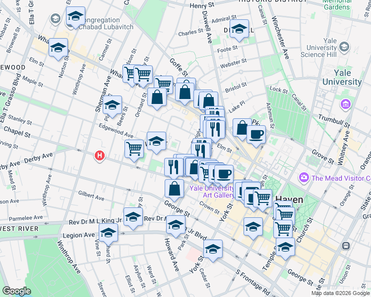 map of restaurants, bars, coffee shops, grocery stores, and more near 91 Edgewood Avenue in New Haven