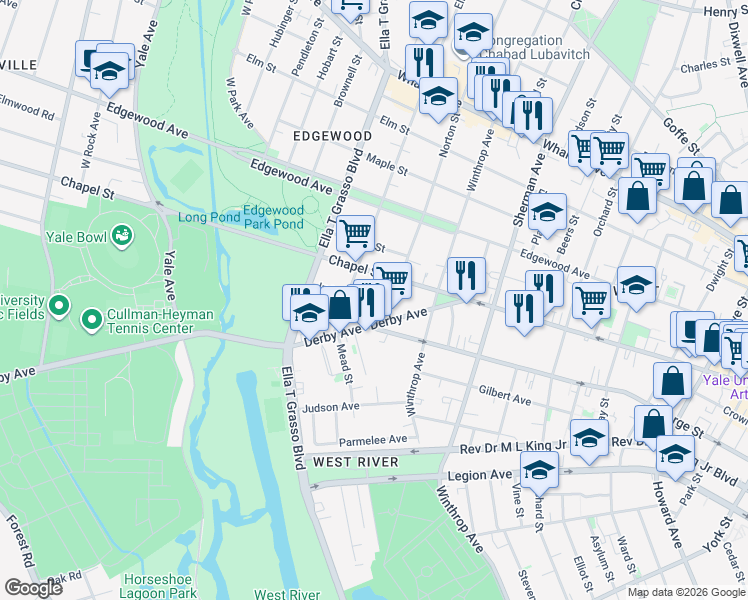 map of restaurants, bars, coffee shops, grocery stores, and more near 24 Norton Street in New Haven