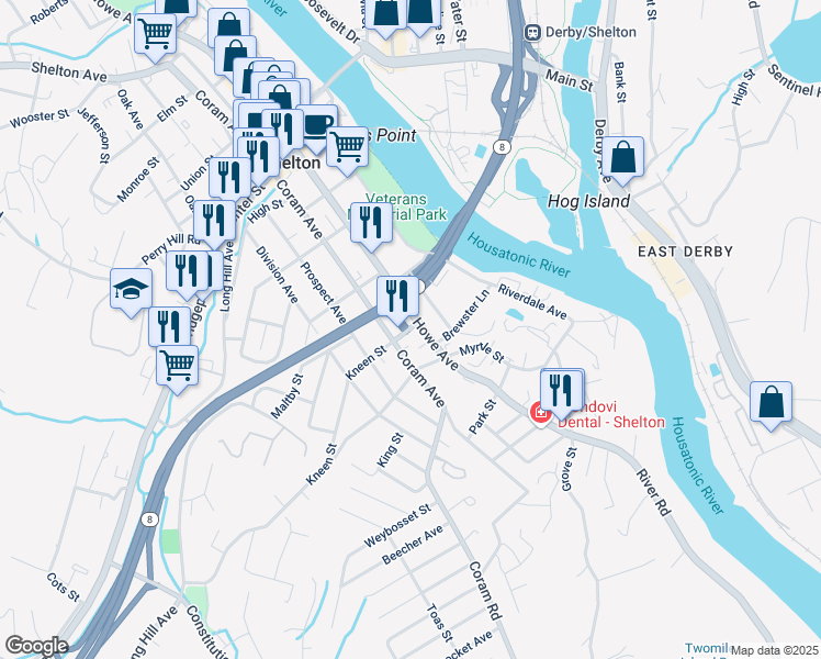 map of restaurants, bars, coffee shops, grocery stores, and more near 19 Kneen Street in Shelton