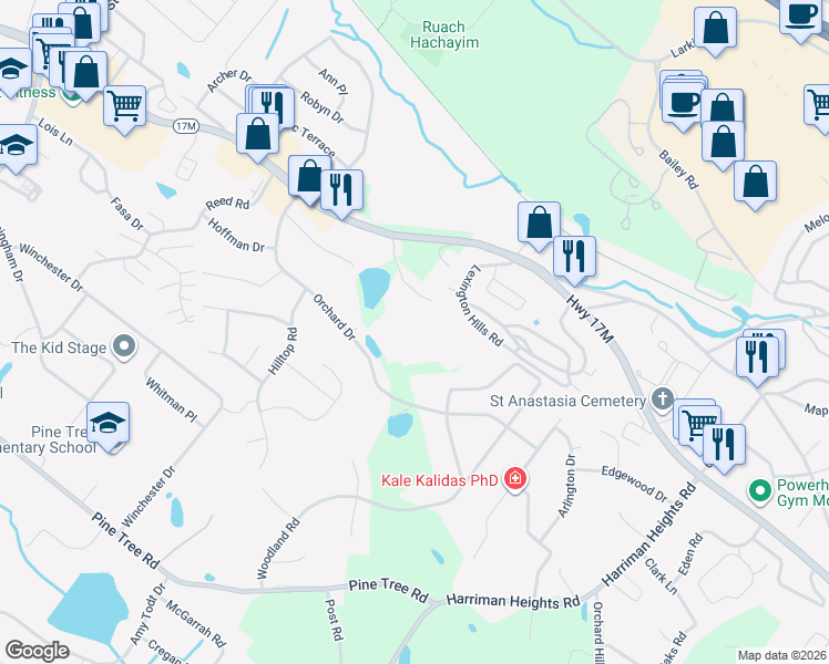 map of restaurants, bars, coffee shops, grocery stores, and more near 274 Orchard Dr in Monroe