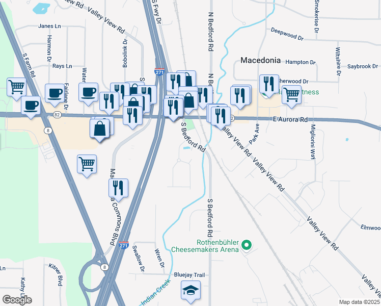 map of restaurants, bars, coffee shops, grocery stores, and more near 8400 South Bedford Road in Macedonia