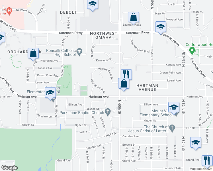 map of restaurants, bars, coffee shops, grocery stores, and more near 6202 Ville De Sante Drive in Omaha