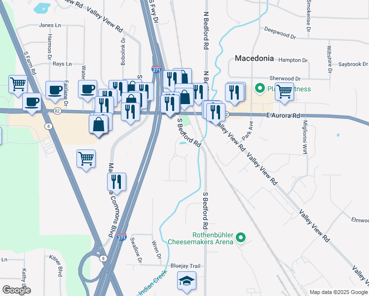 map of restaurants, bars, coffee shops, grocery stores, and more near 8400 South Bedford Road in Macedonia