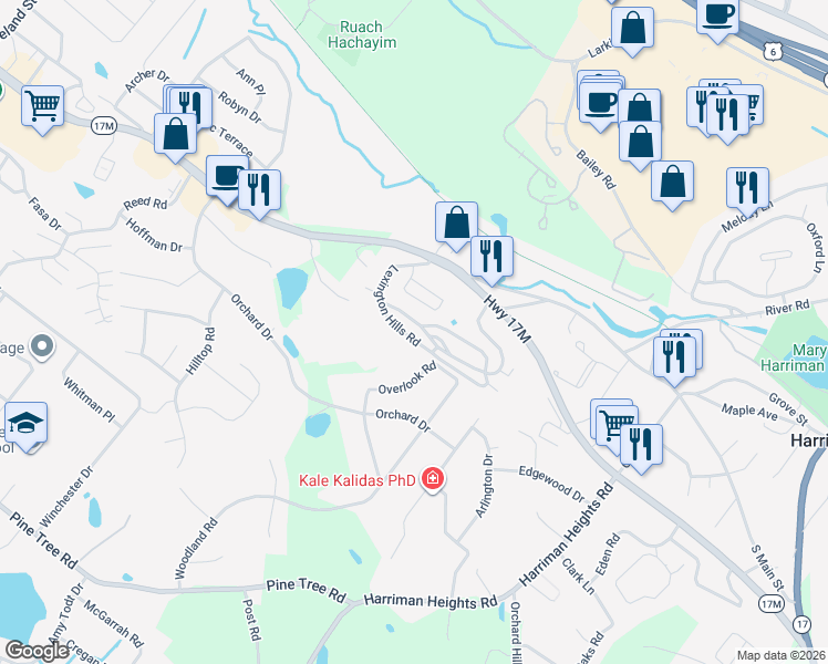 map of restaurants, bars, coffee shops, grocery stores, and more near 21 Lexington Hills Road in Harriman