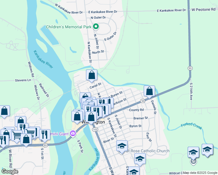 map of restaurants, bars, coffee shops, grocery stores, and more near 403 North Joliet Street in Wilmington