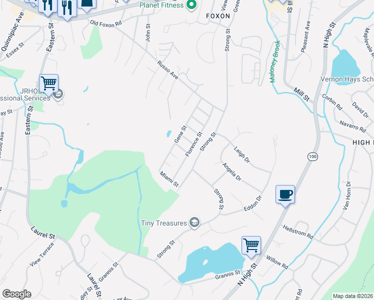 map of restaurants, bars, coffee shops, grocery stores, and more near 63 Florence Street in East Haven