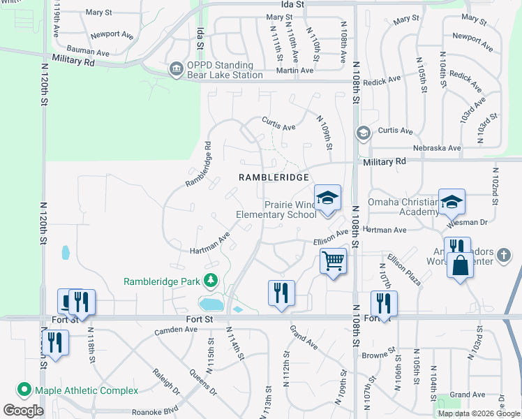 map of restaurants, bars, coffee shops, grocery stores, and more near 5730 North 114th Street in Omaha