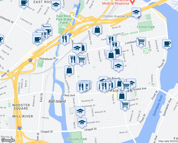 map of restaurants, bars, coffee shops, grocery stores, and more near 17 Market Street in New Haven