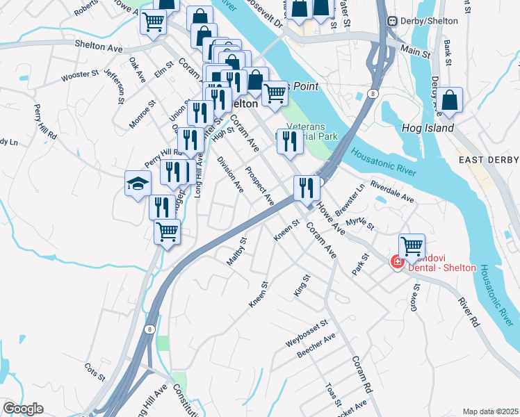 map of restaurants, bars, coffee shops, grocery stores, and more near 137 Division Avenue in Shelton