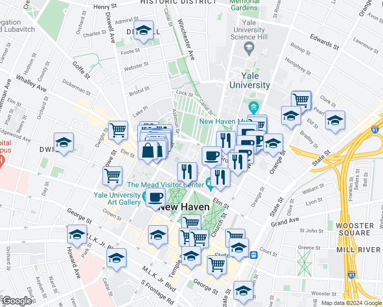 map of restaurants, bars, coffee shops, grocery stores, and more near 121 Wall Street in New Haven