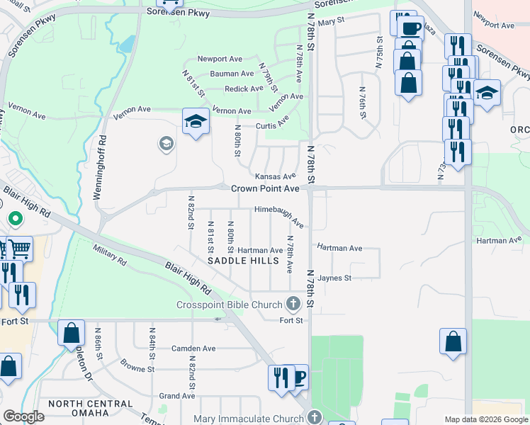 map of restaurants, bars, coffee shops, grocery stores, and more near 5754 North 79th Street in Omaha