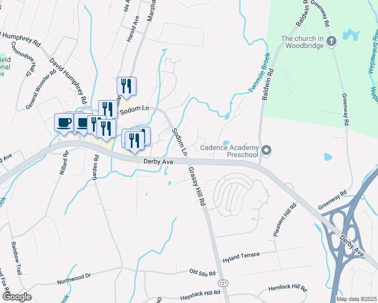 map of restaurants, bars, coffee shops, grocery stores, and more near 805 Sodom Lane in Orange