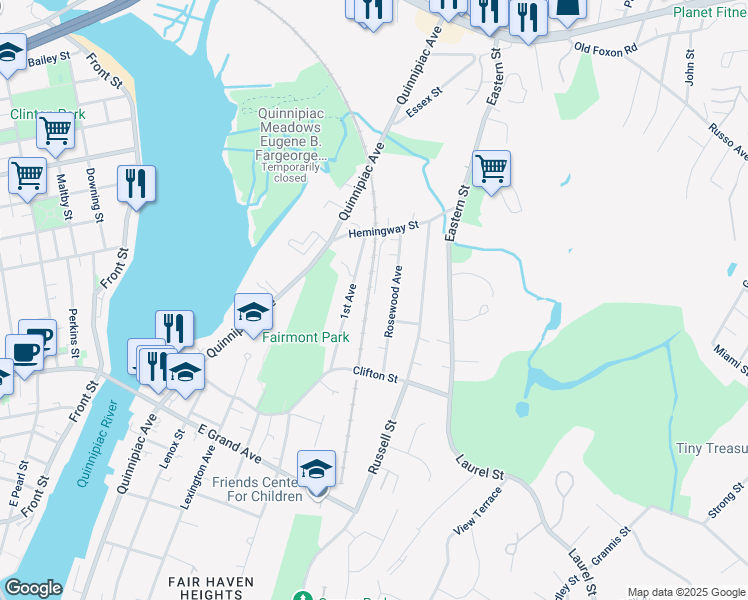 map of restaurants, bars, coffee shops, grocery stores, and more near 45 Hemingway Street in New Haven