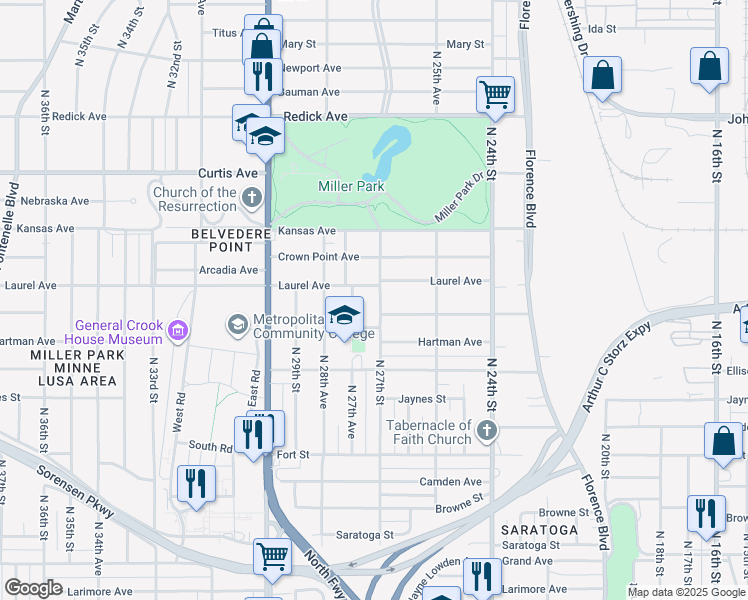 map of restaurants, bars, coffee shops, grocery stores, and more near 5810 North 27th Street in Omaha