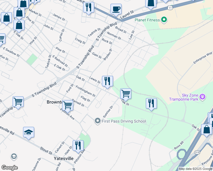 map of restaurants, bars, coffee shops, grocery stores, and more near 190 Lewis Street in Pittston