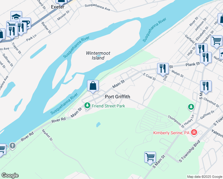 map of restaurants, bars, coffee shops, grocery stores, and more near 1283 Main Street in Luzerne County