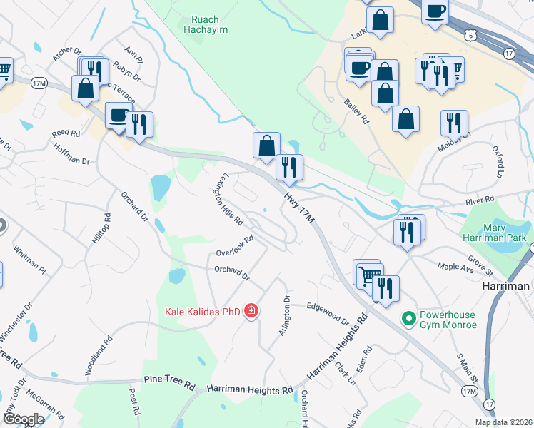 map of restaurants, bars, coffee shops, grocery stores, and more near 13 Lexington Hills Road in Harriman