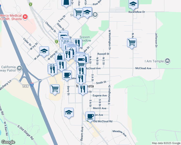 map of restaurants, bars, coffee shops, grocery stores, and more near 304-1/2 S Mt Shasta Blvd in Mt Shasta