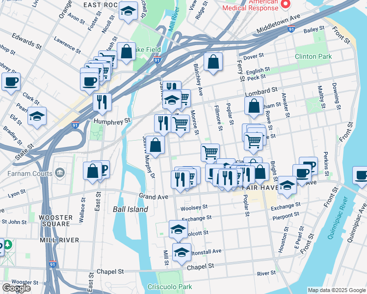 map of restaurants, bars, coffee shops, grocery stores, and more near 12 Main Street in New Haven
