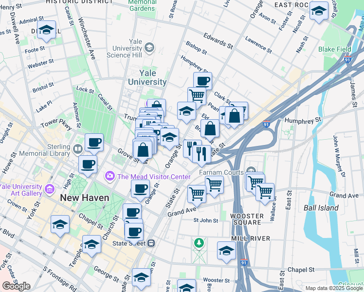 map of restaurants, bars, coffee shops, grocery stores, and more near 405 Orange Street in New Haven