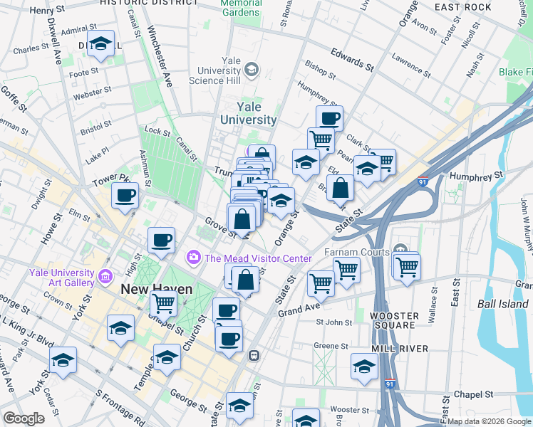 map of restaurants, bars, coffee shops, grocery stores, and more near 312 Audubon Court in New Haven