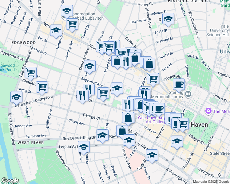 map of restaurants, bars, coffee shops, grocery stores, and more near 228 Day Street in New Haven